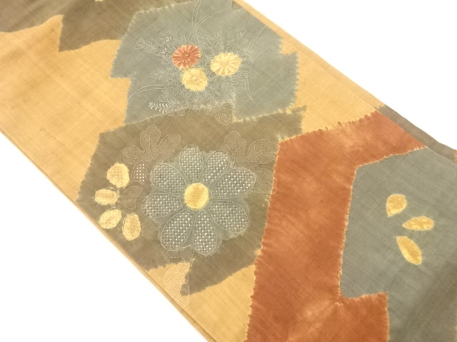 JAPANESE NAGOYA OBI / TSUMUGI / EMBROIDERY / SHIBORI / FLOWER